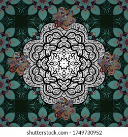 Mandala dibujada a mano por vectores, patrón abstracto de color en colores azul, blanco y gris.