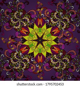 Vector hand-drawn mandala, colored abstract pattern on a black, purple and yellow colors.