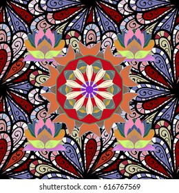 Vector hand-drawn mandala, colored abstract pattern on a background.