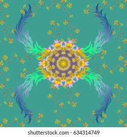 Vector hand-drawn mandala, colored abstract pattern on a gray background.
