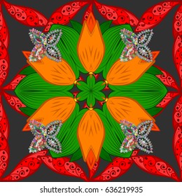 Vector hand-drawn mandala, colored abstract pattern on a gray background.