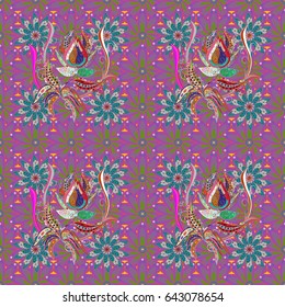 Vector hand-drawn mandala, colored abstract pattern on a pink background.