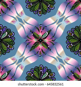 Vector hand-drawn mandala, colored abstract pattern on a blue background.