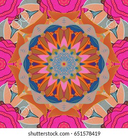 Vector hand-drawn mandala, colored abstract pattern on a background.