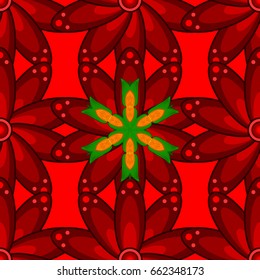 Vector hand-drawn mandala, colored abstract pattern on a red background.