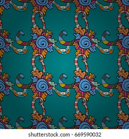 Vector hand-drawn mandala, colored abstract pattern on a blue background.