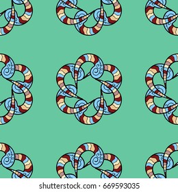 Vector hand-drawn mandala, colored abstract pattern on a blue background.