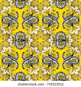 Vector hand-drawn mandala, colored abstract pattern on a yellow, white and black colors.