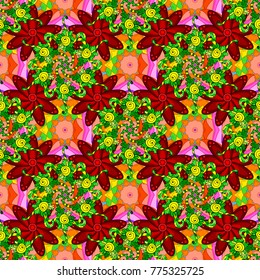 Vector hand-drawn mandala, colored abstract pattern on a red, green and orange colors.