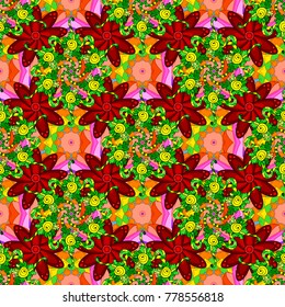 Vector hand-drawn mandala, colored abstract pattern on a red, green and orange colors.