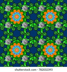 Vector hand-drawn mandala, colored abstract pattern on a green, blue and black colors.