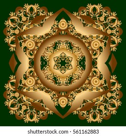 Vector hand-drawn mandala, golden abstract pattern on a green background.