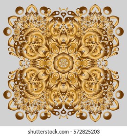 Vector hand-drawn mandala, golden abstract pattern on a gray background.