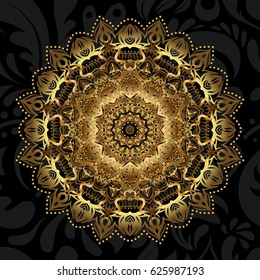 Vector hand-drawn mandala, golden abstract pattern on a black background.