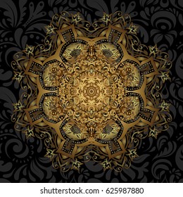Vector hand-drawn mandala, golden abstract pattern on a black background.