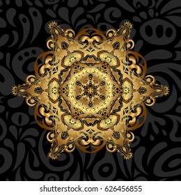 Vector hand-drawn mandala, golden abstract pattern on a black background.