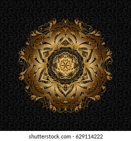 Vector hand-drawn mandala, golden abstract pattern on a black background.