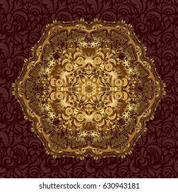 Vector hand-drawn mandala, golden abstract pattern on a brown background.