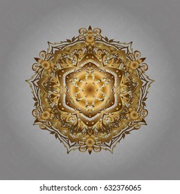 Vector hand-drawn mandala, golden abstract pattern on a gray background.