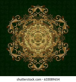 Vector hand-drawn mandala, golden abstract pattern on a green background.