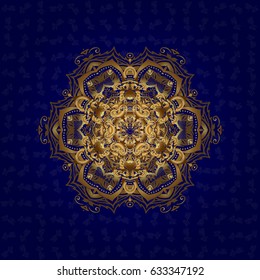 Vector hand-drawn mandala, golden abstract pattern on a blue background.