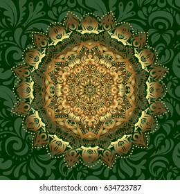 Vector hand-drawn mandala, golden abstract pattern on a green background.