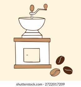 Vektor handgezeichnete manuelle Kaffeemühle mit Kaffeebohnen, gemütliche Vintage-Illustration in warmen Beigetönen