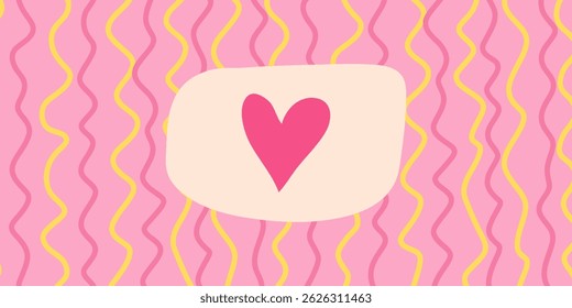Vector hand-drawn minimalist cover template with pastel pink and yellow tones, wavy vertical lines and a pink heart. Trendy, playful designs for social media, stationery, and branding. Valentine's day