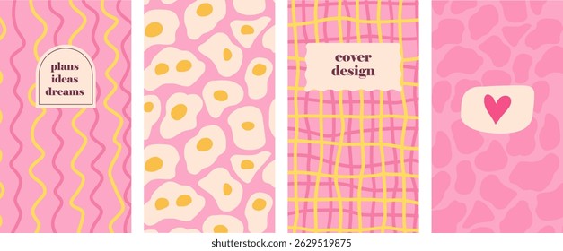 Vector hand-drawn minimalist cover templates with pastel pink yellow tones, wavy lines, hearts, and eggs. Trendy, playful designs for social media, stationery, and branding.