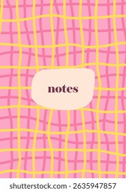 Vector hand-drawn minimalist notes cover template with pastel pink and yellow tones, wavy lines, checker pattern. Trendy, playful designs for social media, stationery, and branding.