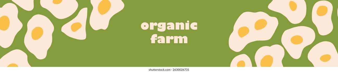Vector hand-drawn minimalist organic farm cover template with cartoon eggs in pastel green and yellow tones. Trendy, playful designs for social media, stationery, and branding