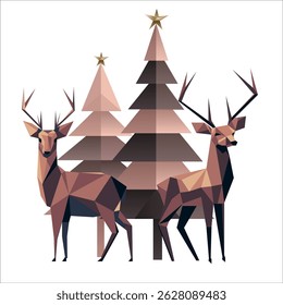 Vector hand-drawn minimalistic abstract illustration of origami Christmas tree, deer made using simple geometric shapes. Reindeer suitable for printing, wallpaper, digital projects. 