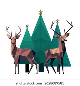 Vector hand-drawn minimalistic abstract illustration of origami Christmas tree, deer made using simple geometric shapes. Reindeer suitable for printing, wallpaper, digital projects. 