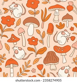 Patrón transparente de hongos y ratones dibujados a mano por vectores. El diseño de la impresión natural del bosque es impecable para la tela infantil. Una textura suave de animales.