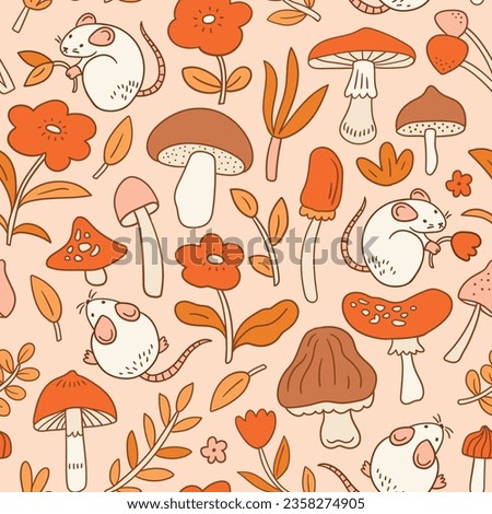 Vector hand-drawn mushroom  and mouse seamless pattern. Natural forest seamless print design for kids fabric. Cute animal seamless texture.