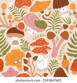 Vector hand-drawn mushroom seamless pattern. Natural forest seamless print design for kids fabric. Cute mushroom seamless texture.