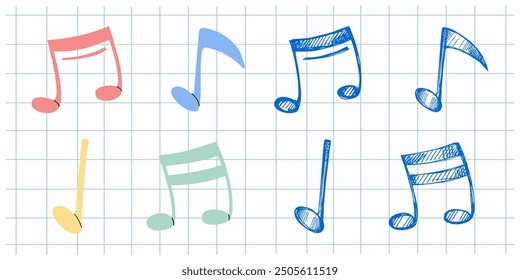 Vector hand-drawn music Illustration set. Detailed retro style musical note sketch. Vintage sketch element. Back to School.