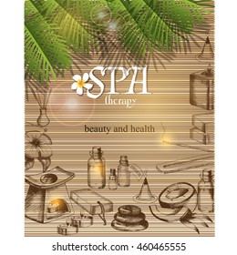 Vector hand-drawn objects for Spa on a mat under the palm leaves. Sketch. It can be used as a poster, banner or advertisement for a beauty salon.