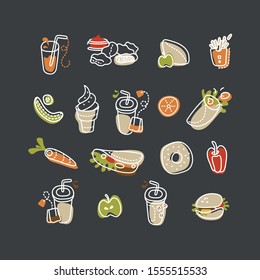 Vector hand-drawn on the theme of fast food cartoon icon set on a black background.