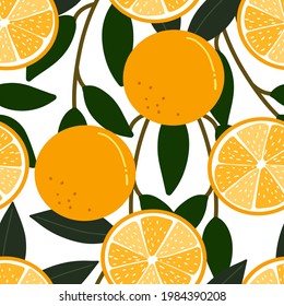 Vector hand-drawn oranges and branches seamless pattern. Detailed food tropical seamless pattern. Orange tree vector clipart