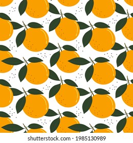 Las naranjas dibujadas a mano por vectores y las hojas siguen un patrón sin fisuras. Elegante minimalista ilustración de frutas de estilo botánico. 