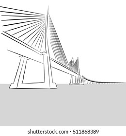 Vector hand-drawn Oresund Bridge, Sweden, Outline Artwork Sketch