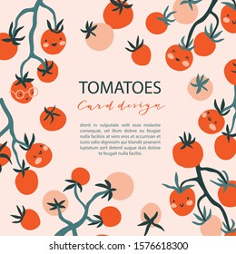 Vector hand-drawn organic card design with tomatoes. Fresh cherry tomatoes on the branches. Veggies frame design with place for your text. 