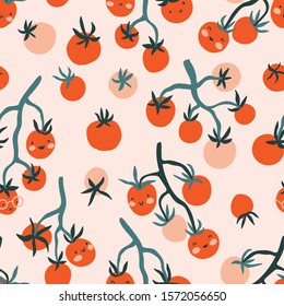 Vector hand-drawn organic food seamless pattern design for fabric or wrapping paper, branding. Fresh cherry tomatoes on the branches. Veggies print design. 