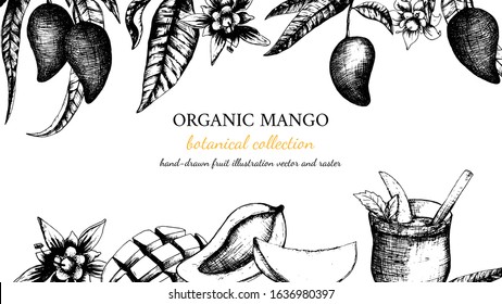 Vector hand-drawn organic mango template. Pieces of fruits and mango juice on a glass, grows on a tree. Background for presentation of mango garden, packaging and labels.