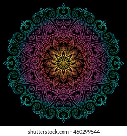 Vector hand-drawn oriental mandala, ethnic doodle mandala with colorful gradient ornament, isolated decorative template, Islam, Arabic, Indian, ottoman motifs, EPS 10