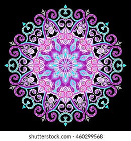 Vector hand-drawn oriental mandala, ethnic doodle mandala with colorful purple and blue ornament, isolated decorative template, Islam, Arabic, Indian, ottoman motifs, EPS 10