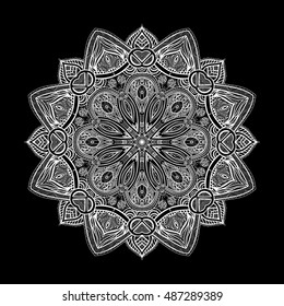 Vector hand-drawn oriental mandala, ethnic doodle mandala,white ornament on black background, isolated decorative template, Islam, Arabic, Indian, ottoman motifs, EPS 8