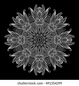 Vector hand-drawn oriental mandala, ethnic doodle mandala,white ornament on black background, isolated decorative template, Islam, Arabic, Indian, ottoman motifs, EPS 8