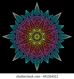 Vector hand-drawn oriental mandala, ethnic doodle mandala with colorful gradient ornament, isolated decorative template, Islam, Arabic, Indian, ottoman motifs, EPS 10